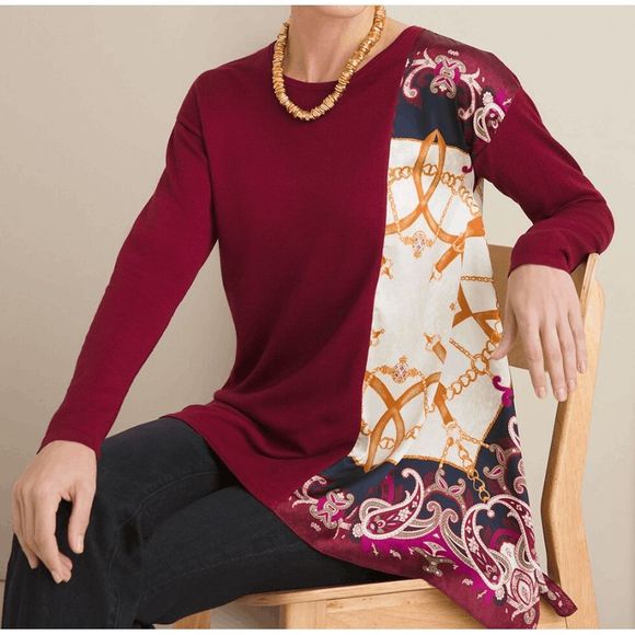 Chicos NWT Scarf-Trim Sweater Maroon Silk Like Blouse, Sz 1 (Medium), MSRP $109 - Picture 1 of 11